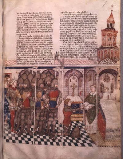 Ms Fr 343 fol. 7 A Szent Grál keresése és Arthur halála, a lovag letétele az esküt alkotó: French School