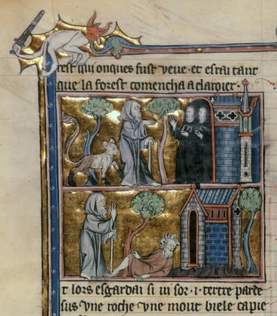 Ms Fr 95 f.4v Remete és vadállat, lHistoire du Saint Graal, 1280-90 körül alkotó: French School