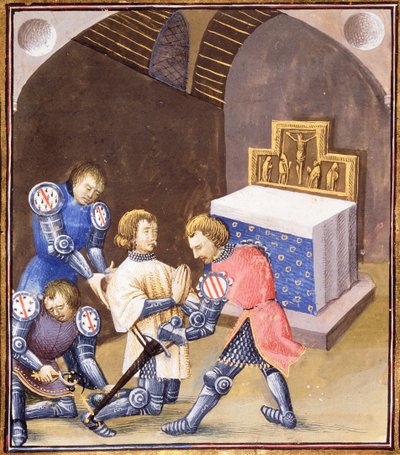 Ms. Fr 99 f.561 Galahad kardot és sarkantyút kap a lovaggá válás rituáléjában, mielőtt elindulna a Grál-küldetésre alkotó: French School