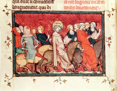 Ms Fr fol.48 A király lovaglás közben diktálja óráit, St. Louis élete és csodáiból, 1330-40 körül alkotó: French School