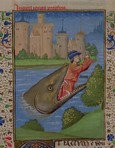Ms H 7 f.111r Jonah and the Whale, Jean XXII. Bibliájából alkotó: French School