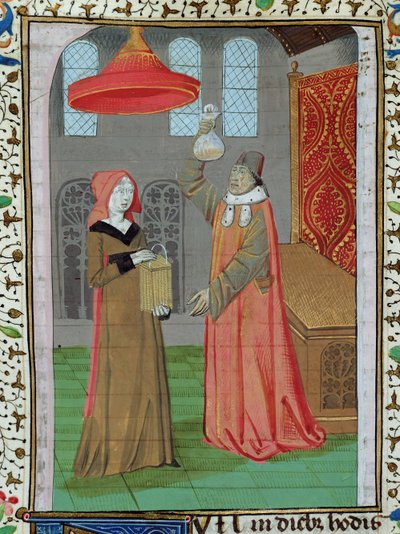 Ms H 7 fol.164r Egy orvos, aki megvizsgálja St. Elizabeths vizeletét, hogy megállapítsa, terhes-e, Jean XXII Bibliájából alkotó: French School