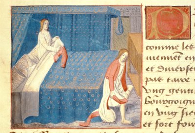 Ms Hunter 252 f.20v Ágyjelenet, a "Les Cent Nouvelles Nouvelles" című műből. alkotó: French School