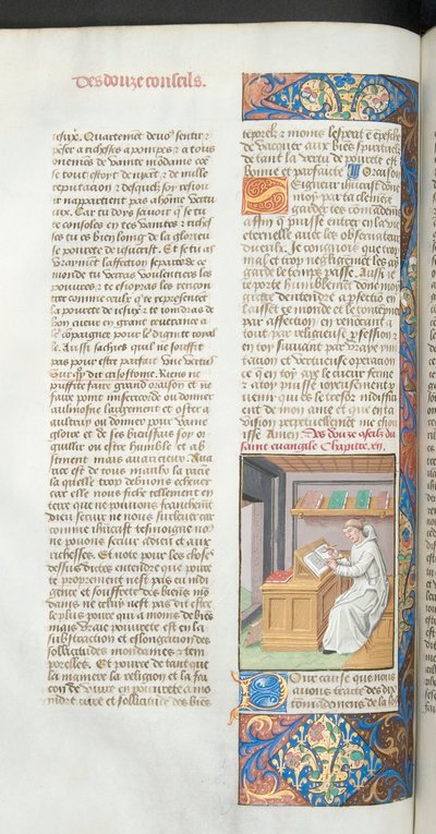 Ms Hunter 36-39, vol.3 fol.47v Fehér ruhás karthauzi szerzetes, aki kéziratot ír, Vita Christi illusztrációja Szász Ludolftól, 1490 körül alkotó: French School