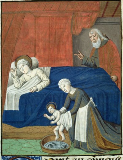 Ms Hunter 36 f.10v A Boldogságos Szűz Mária születése, Vita Christiből, Ludolf Szász, 1300-7778 körül alkotó: French School