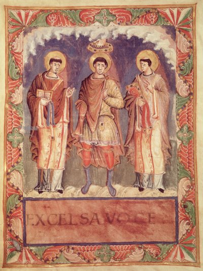 Ms Lat 1141 fol.2v II. Károly (823-877) megkoronázása Reims és Treves érsekkel, a Sacrementaire de Metzből (lásd még: 159999) alkotó: French School