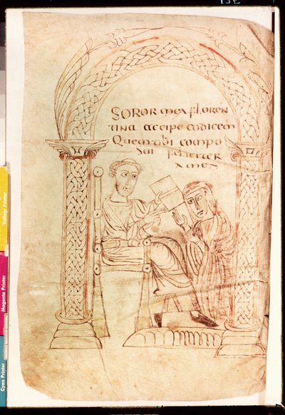 Ms Lat 13396 Fol.1 Isidore felajánlja munkáját nővérének, Florentinának, Sevillai Izidortól (560-636 körül) a De Catholic Faith az Ó- és Újszövetségből a zsidók ellen című könyvéből. alkotó: French School