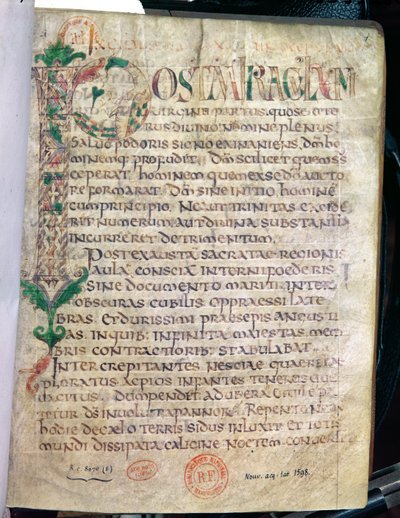 Ms Lat 1598 Fol.1 Zoomorf történetíró kezdeti P, Szent Ágoston (354-430) munkájából alkotó: French School