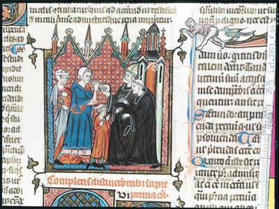 Ms Lat 3893 Fol.98 Szülők pénzt ajánlanak fel a püspöknek, hogy vigye el fiukat az apátságba, 1314 alkotó: French School