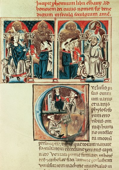 Ms Lat. 6912 fol.1v Egy zsidó tudós egy arab értekezés fordítását mutatja be Philippe dAnjounak alkotó: French School