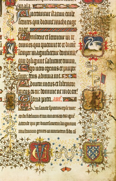 Ms Lat 919 fol.96 Címer- és állatdísz részlet, Szent Pétertől. Jean de France (1340-1416) Berry hercege a Paradicsomba vezet, a Grandes Heures de Duc de Berry-től alkotó: French School