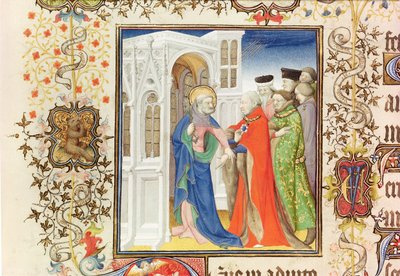 Ms Lat 919 fol.96 St. Peter Jean de France (1340-1416) Berry hercegének vezetése a Paradicsomba, a Grandes Heures de Duc de Berry-ből, 1409 (lásd még: 159985 és 30908) alkotó: French School