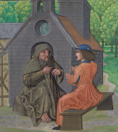 Ms Royal 14 E. 11, f.338 A remete oktatja a lovagot, a „Chemin de Valliance és művek francia versben és prózában”, 1475 körül (vellum) alkotó: French School