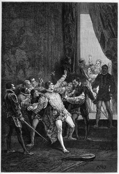 David Rizzio (Davide) meggyilkolása Mary Stuart (Marie Iere) (1542-1587) jelenlétében – metszet „Anglia története távolabbi időkből” című könyvébe, Francois Guizot 1877-ben. alkotó: French School