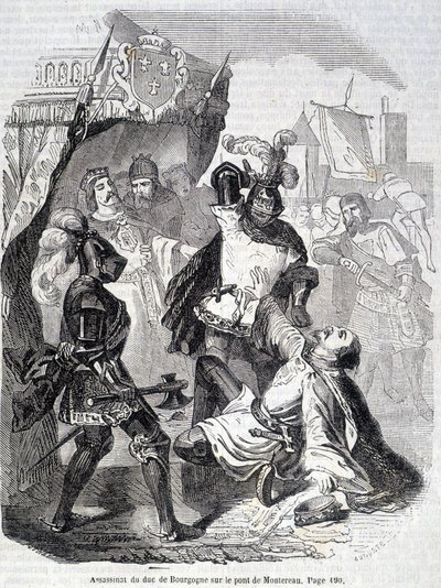 Burgundia hercegének (Jean sans peur) meggyilkolása a montereau-i hídon 1419-ben – L.-P. „Histoire de France”-ban. Anquetil alkotó: French School