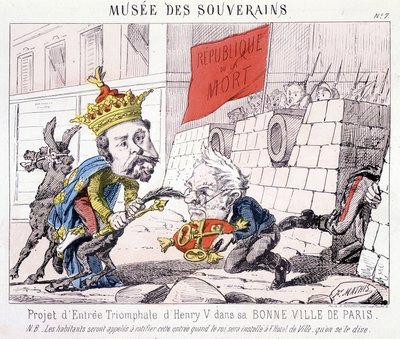 Musée des Souverains – V. Henrik diadalmas bejáratának projektje jó városába, Párizsba (Thiers átadta neki Párizs kulcsait, amelyeket a „République ou la mort” feliratú zászlót viselő polgárok védelmeztek. alkotó: French School