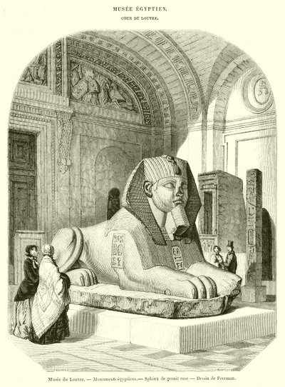 Louvre Múzeum, egyiptomi műemlékek, rózsaszín gránit szfinx (metszet) alkotó: French School