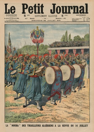 Zenés szekció az algériai gyalogosok felvonulásáról a július 14-i áttekintésen, címlap-illusztráció a „Le Petit Journal”-ból, Illustre-melléklet, 1913. július 20. alkotó: French School