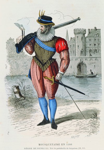 Testőr 1586-ban, illusztráció a Costumes de Paris a travers les siecles-ből H. Gourdon de Genouillac, metszett A. Renard (színes metszet) alkotó: French School