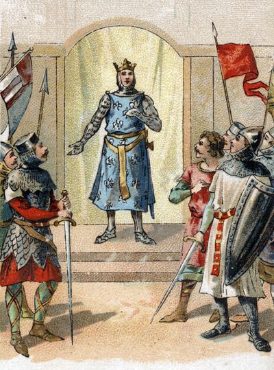 Koronám arra a bátor mondatra, amelyet Philippe Auguste mondott 1214. július 27-én az uraknak a bouvinesi csata előestéjén. alkotó: French School