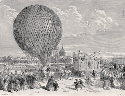 Nadars léggömb, Le Géant a párizsi Champ de Mars-on készül az első repülésre 1863. október 4-én, illusztráció Párizsból a Travers Les Siecles: Tome 5, 1889 alkotó: French School