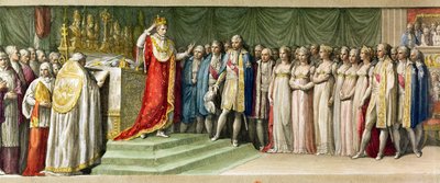 Bonaparte Napóleon (1769-1821) Milánóban a Lombardok Vaskoronájával koronázta meg magát, 1805 (színes metszet) alkotó: French School