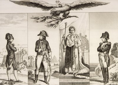 Napóleon Bonaparte (1769-1821) életének négy szakaszában, Colart "Histoire de France" című művéből, amely 1840 körül jelent meg alkotó: French School