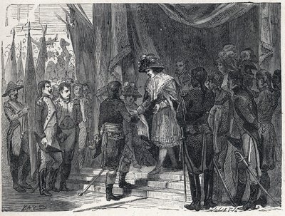 Bonaparte Napóleon (1769-1821) 1797. december 10-én átadta Campoformio (Campo-Formio, Campo Formio) kereskedelmét az Igazgatóság tagjának. Ez a kereskedelem Franciaország és Ausztria között az első koalíció végét jelenti, alkotó: French School