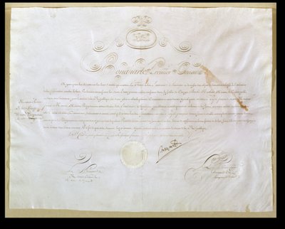 Bonaparte Napóleon (1769-1821) engedélye Louisiana Egyesült Államok általi megvásárlására, 1803. április 30. (tinta pergamen) alkotó: French School