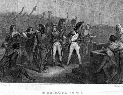 Bonaparte Napóleon puccsa Brumaire VIII. év 18-án (1799) a Saint Cloud-i Ötcentes Tanács (500-as szoba) termében – Thiers „”Revolution francaise”-jában. 19. század alkotó: French School