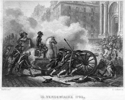 Napóleon leverte a királypárti lázadást – Bonaparte Napóleon (lóháton) forradalmi csapatokat irányít az utcai harcokban Vendemiaire 13-án (október 5.) – 1795. Vendemiaire 13-án (1795. október 5-i királypárti felkelés): Bonaparte visszaadta a rendet shoo-va alkotó: French School