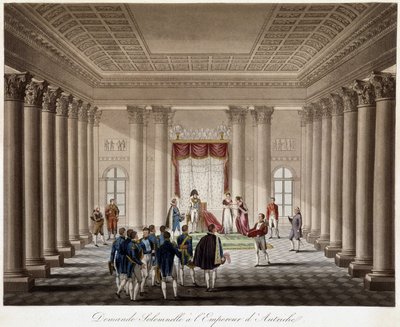 Napóleon feleségül kéri Marie Louise-t az osztrák császárhoz – „A Franciaország és Ausztria közötti háború történetében 1809-ben” alkotó: French School