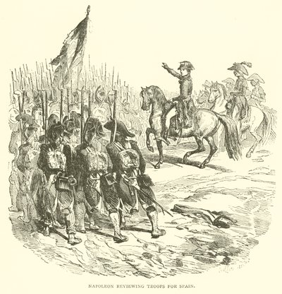 Napóleon csapatokat tekint át Spanyolországnak (metszet) alkotó: French School