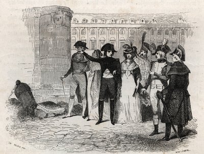 Napóleon sétál Madame Tallien-nel, nee Theresa Cabarrus, Caraman hercegnője, Caraman Chimay hercegnője (1773 - 1835) elhelyezi Vendome-ot Párizsban - „Les rues de Paris” metszet. Régi és modern Párizs: eredet, történelem, műemlékek, jelmezek, erkölcsök, ch alkotó: French School