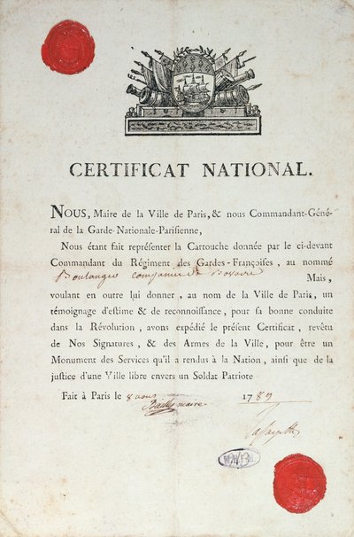 Nemzeti bizonyítvány a jó magaviseletről a francia forradalom idején, 1789. augusztus 8-án Párizsban alkotó: French School