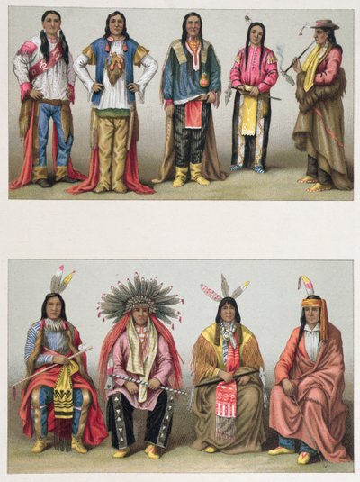 Amerikai őslakosok a Mississippi-medencéből és Coloradóból, illusztráció A. Racinet Le Costume Historique című könyvéből, 1888-ban Párizsban alkotó: French School