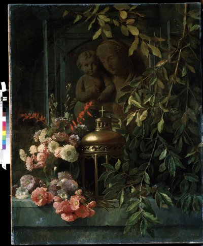 ""Csendélet"" (Madonna gyerekkel, lámpással, virágokkal (beleértve a szegfűt is) Festmény a francia iskoláról 19. század. Mikhail Kroshitsky Művészeti Múzeum, Szevasztopol (Szevasztopol) Ukrajna alkotó: French School