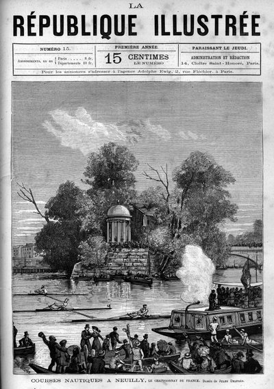 Hajózási versenyek: francia evezős bajnokság, amelyet a Szajnán rendeznek, az Ile de la Grande Jatte-val szemben Neuilly-ben. Egy újság. Metszet 1880-ból a „La republique illustree”” magángyűjteményben. alkotó: French School