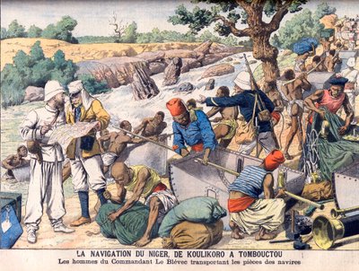 Navigálás a Niger folyón Koulikoro és Timbuktu között. Le Blevec parancsnok által irányított expedíció, amely csónakokat szállított szakaszonként a zuhatag körül. Niger navigációja Koulikorotól Timbuktuig. Le Blevec parancsnok emberei hajódarabokat szállít alkotó: French School