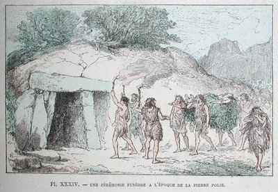 Neolitikus temetési szertartás, illusztráció Dr. Rengade "Les Origines de la Vie" című művéből, 1880 körül (színes metszet). alkotó: French School