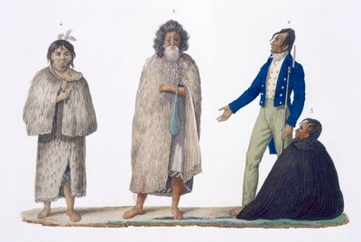 Új-zélandi bennszülöttek bennszülött és nyugati ruhában, 1826 alkotó: French School