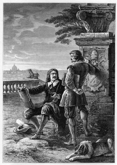 Nicolas Poussin (1594-1665), francia festő, Claude Gellee, dit le Lorrain (1600-1682) Rómában (Trinita dei Monti) metszetével a „Franciaország történelmét unokáimnak meséltem” című metszetével – Francois Guizot 1872-1876 alkotó: French School