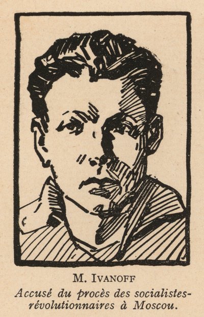 Nyikolaj Ivanov, orosz szocialista forradalmár politikus, aki az egyik vádlott volt az 1922-es moszkvai szocialista forradalmárok perében, az első szovjet kirakatperben (litho). alkotó: French School