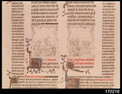 Noé a szőlőskertben és Noé részegsége, Jean Sy Bibliájából, 1355 körül alkotó: French School