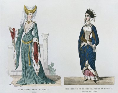 Károly uralkodása alatti nemesasszony, Marguerite de Provence, IX. Lajos felesége 1285-ben halt meg, az évszázadok során átívelő francia polgári és katonai viseletben. alkotó: French School