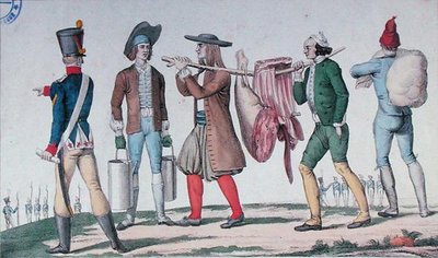 Norman és breton újoncok, akik ellátmányt szállítanak, a „Katonai karrier első lépései” című sorozatból, 19. század eleje (színes metszet) alkotó: French School
