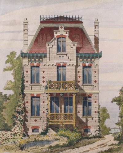 Norman villa Villers sur merben, Normandia, illusztráció a Le Moniteur des architectesből, 1883 (színes metszet) alkotó: French School
