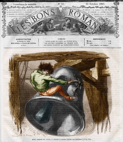 Regénysorozat: Victor Hugo (1802-1885) „Notre Dame de Paris”. Quasimodo a harangtoronyon. Metszet a „Les bons romances”-ba alkotó: French School
