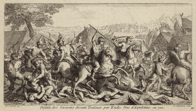 Odo, Aquitánia hercege, legyőzi az Omajjádokat a toulouse-i csatában, 721 (metszet) alkotó: French School