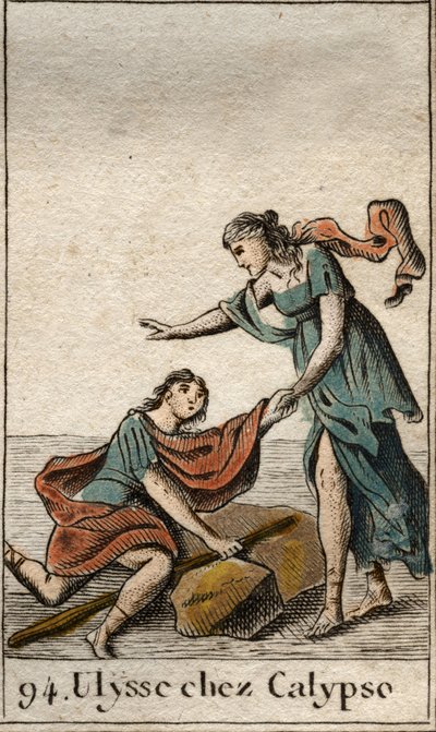 Homere-i Odüsszeusz: Calypso nimfa gyűjtötte az Ulysses-t a szigetén. (Homérosz Odüsszeája: Odüsszeuszt Calypso, a nimfa fedezte fel a szigetén) Pierre Blanchard „Mythologie de la jeunesse” című művéből, 1803. alkotó: French School
